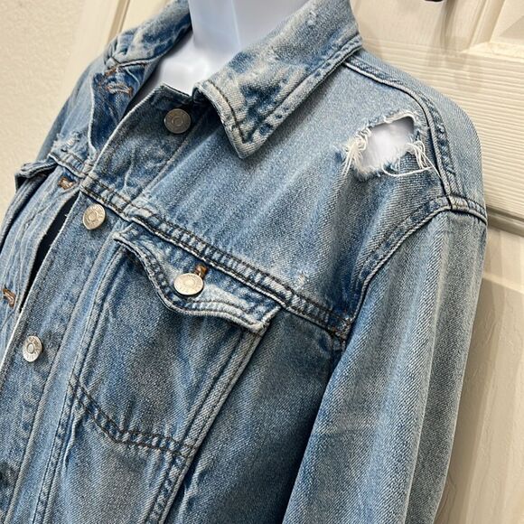 Madewell Oversized Blue Denim Jean Trucker Jacket Junction Wash XSmall Distress - Picture 5 of 15